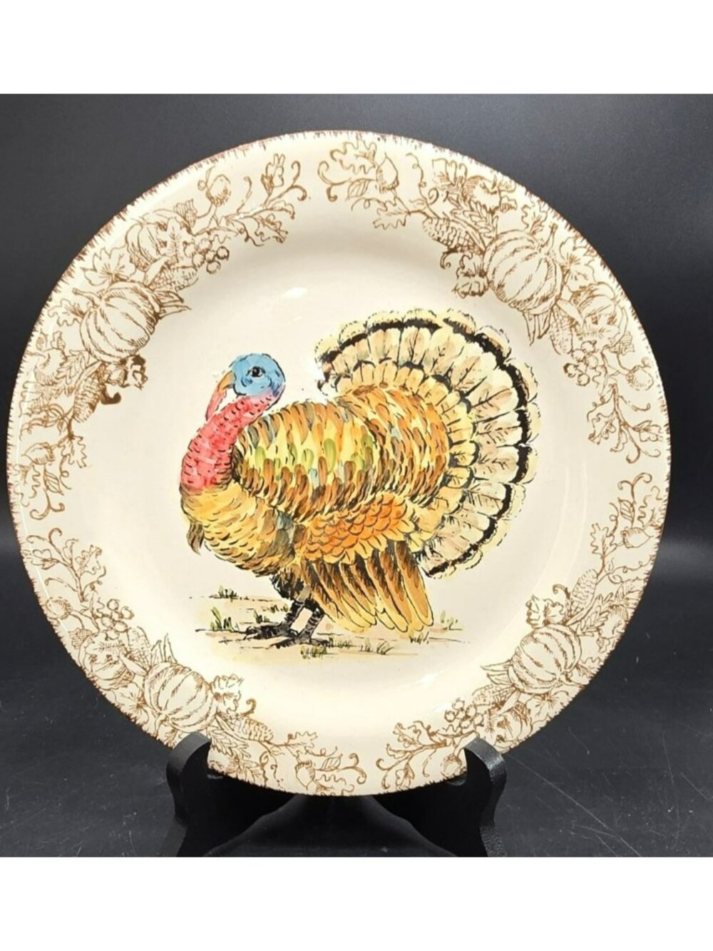 Turkey Toile Salad Plate By Maxcera With Hand-Painted Turkey 8" VL5001